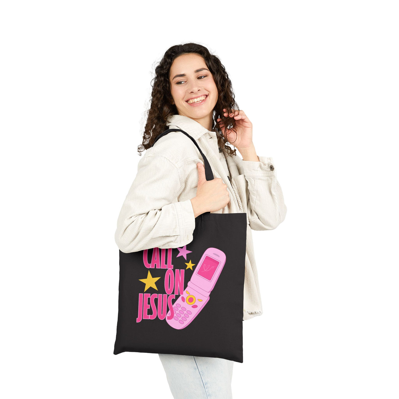 Call On Jesus flip phone tote bag | Christian faith canvas tote
