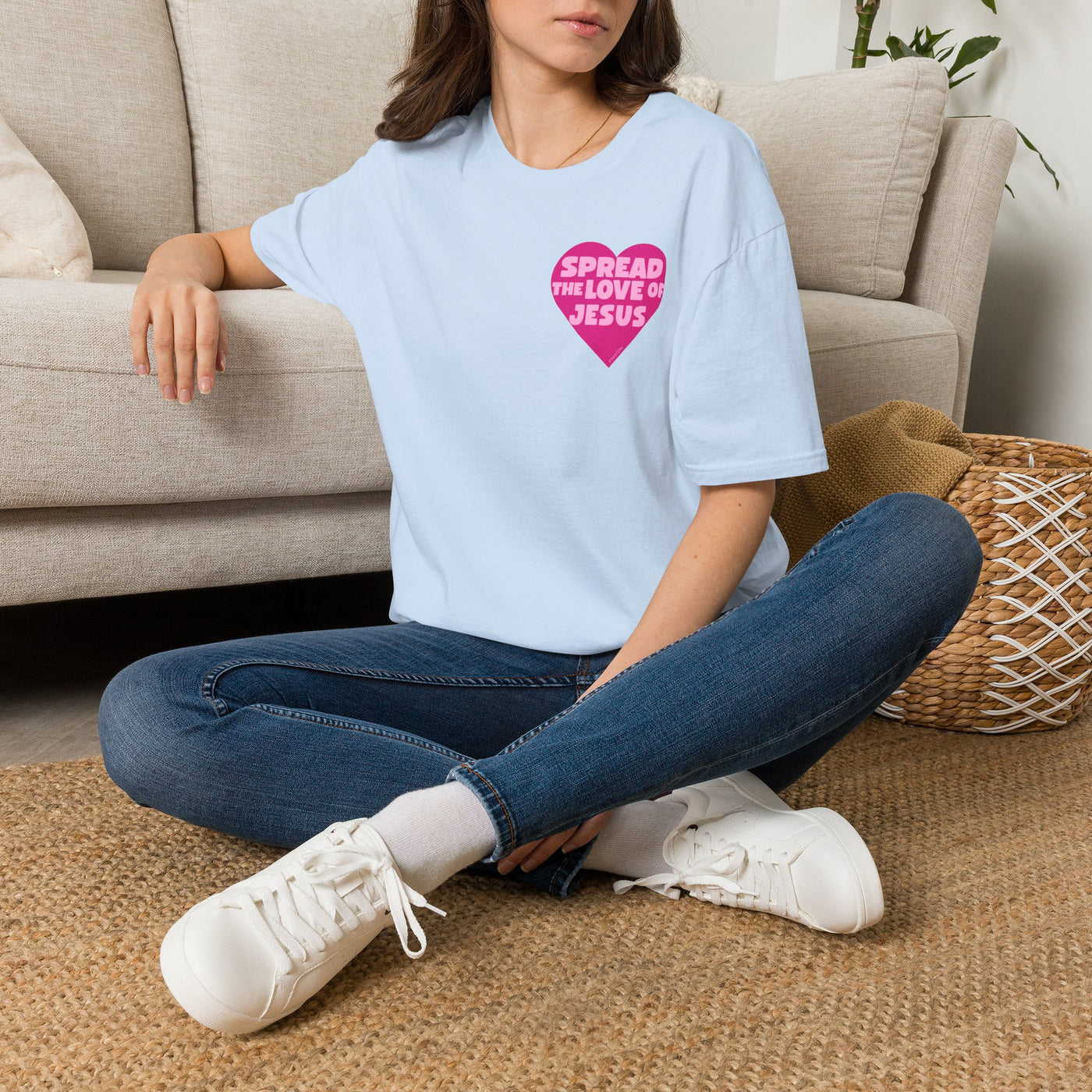 Spread the Love of Jesus T-Shirt | Pink Heart Christian Tee for Women | Soft, LightWeight Cotton T Shirt | 100% Ringspun Cotton