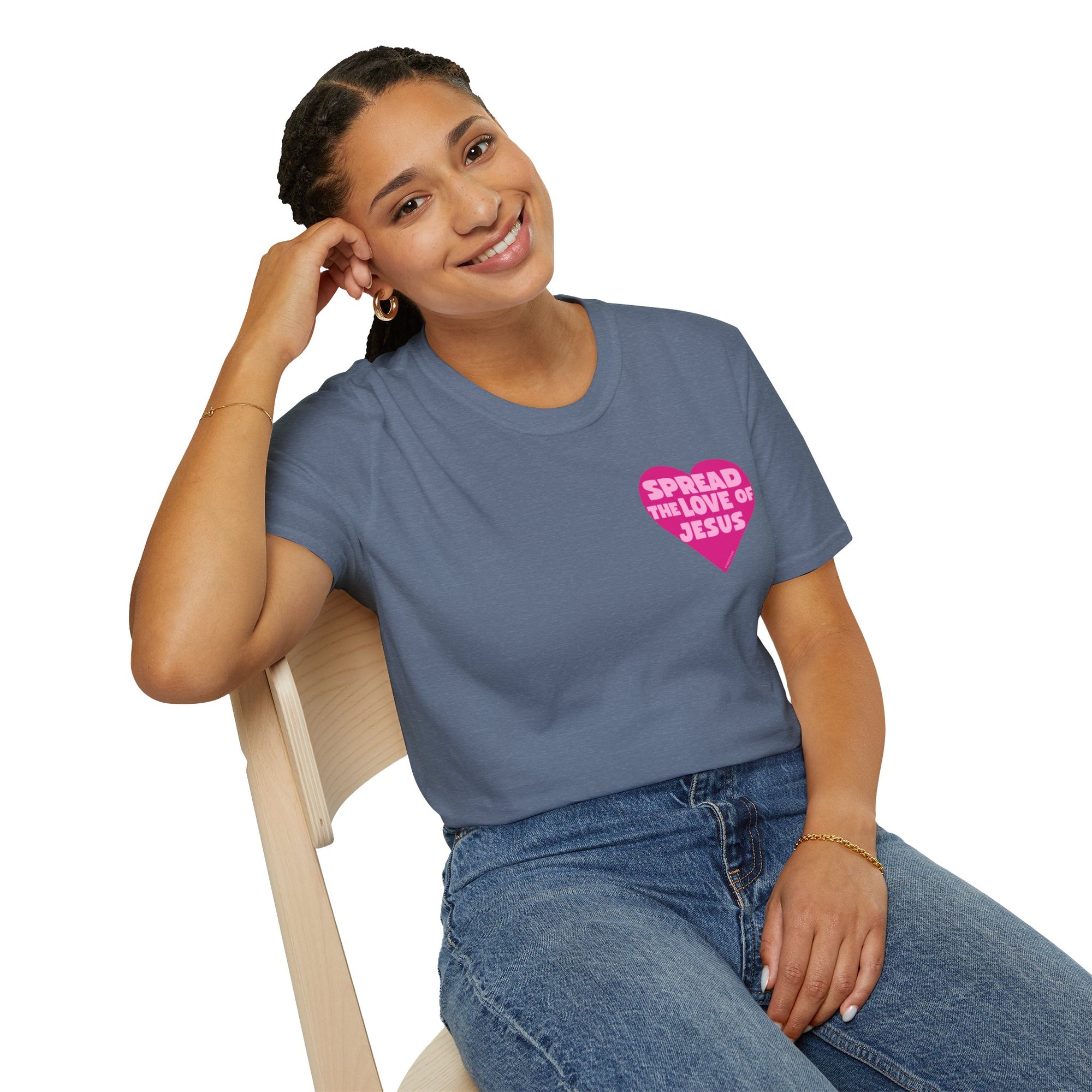 Spread the Love of Jesus T-Shirt | Pink Heart Christian Tee for Women | Soft, LightWeight Cotton T Shirt | 100% Ringspun Cotton