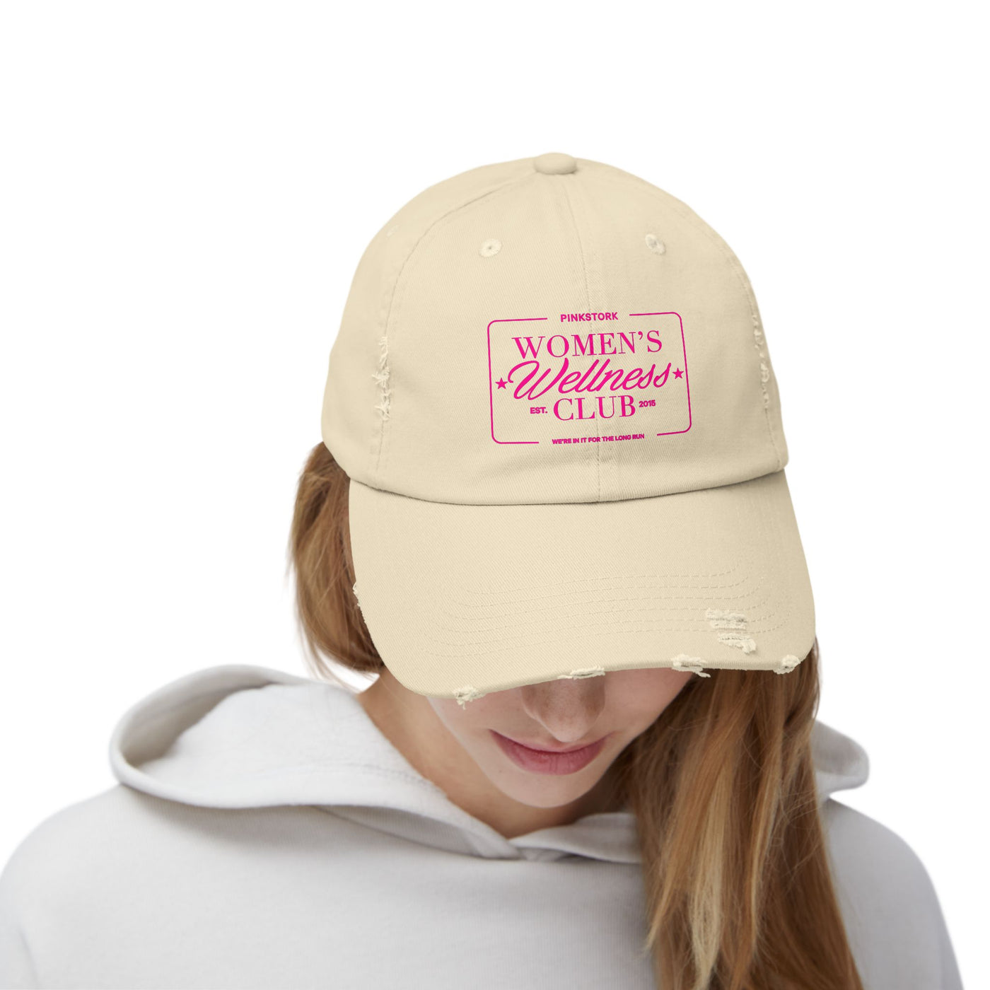 Pink Stork Women's Wellness Club Cap | Distressed Baseball Hat, Pink Retro Logo