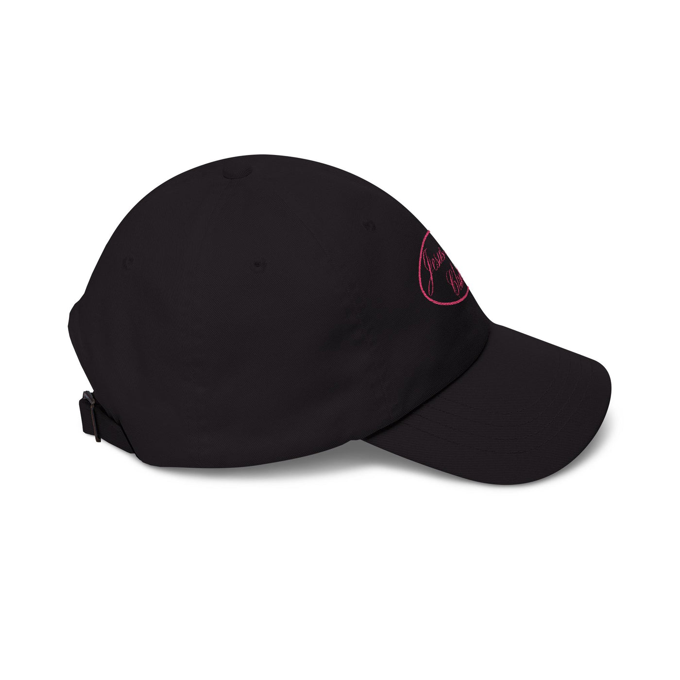 Black cap with a brand logo on a white background