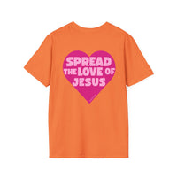 Spread the Love of Jesus T-Shirt | Pink Heart Christian Tee for Women | Soft, LightWeight Cotton T Shirt | 100% Ringspun Cotton