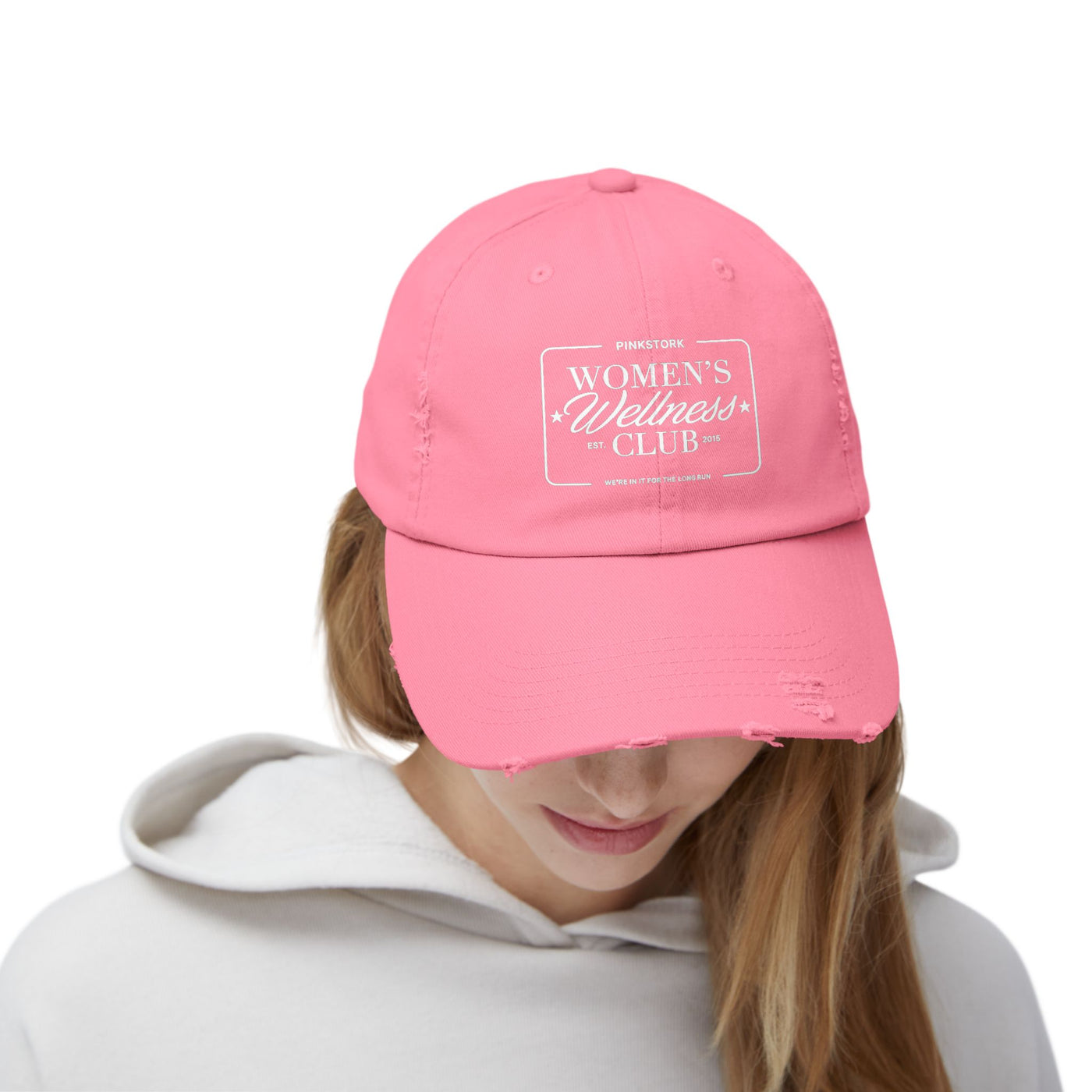 Pink Stork Women's Wellness Club Cap | Distressed Baseball Hat, Pink Retro Logo
