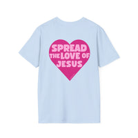 Spread the Love of Jesus T-Shirt | Pink Heart Christian Tee for Women | Soft, LightWeight Cotton T Shirt | 100% Ringspun Cotton