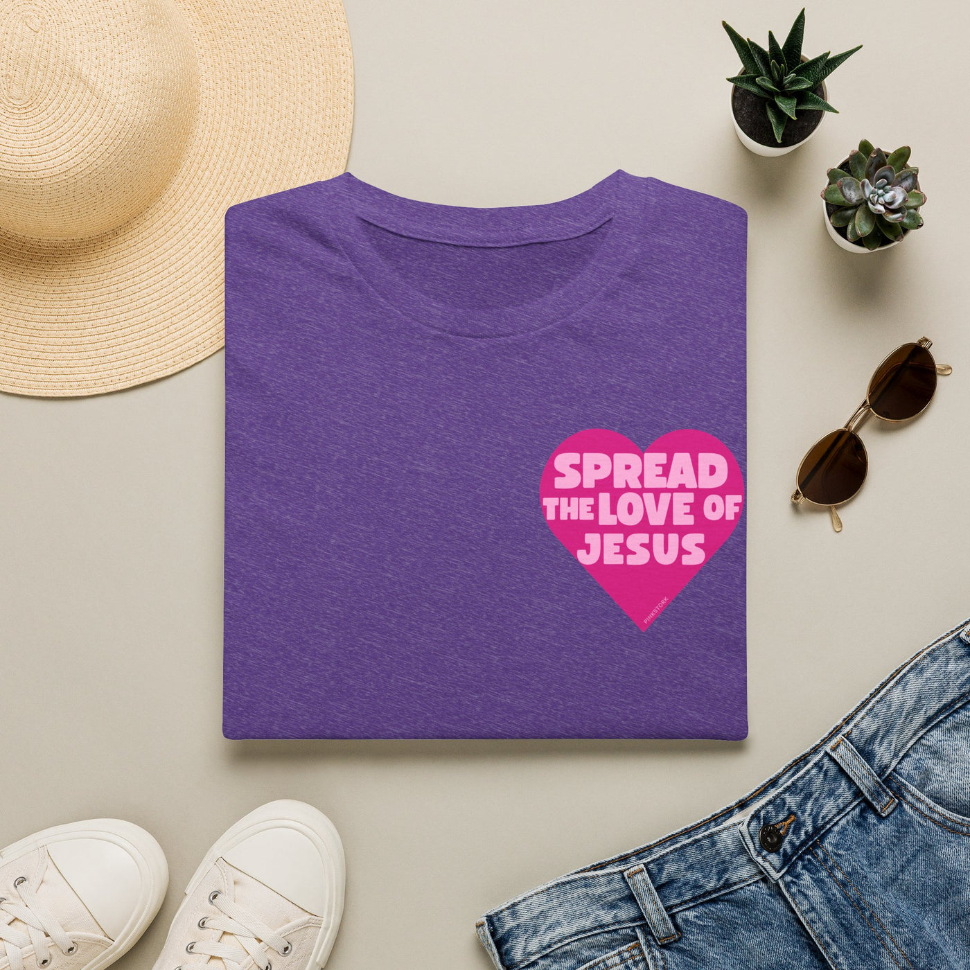 Spread the Love of Jesus T-Shirt | Pink Heart Christian Tee for Women | Soft, LightWeight Cotton T Shirt | 100% Ringspun Cotton