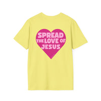 Spread the Love of Jesus T-Shirt | Pink Heart Christian Tee for Women | Soft, LightWeight Cotton T Shirt | 100% Ringspun Cotton
