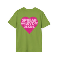 Spread the Love of Jesus T-Shirt | Pink Heart Christian Tee for Women | Soft, LightWeight Cotton T Shirt | 100% Ringspun Cotton