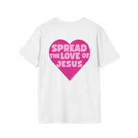 Spread the Love of Jesus T-Shirt | Pink Heart Christian Tee for Women | Soft, LightWeight Cotton T Shirt | 100% Ringspun Cotton