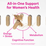 Line of supplement capsules across the page with one bursting open. All-in-one support for women' health. 