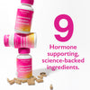 Three bottles of Pink Stork Ashwagandha, Maca Root, and Black Cohosh stacked on top of each other. 9 hormone supporting science-backed ingredients.