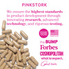 Pile of supplement capsules spilling across the bottom left corner. List of logos of press that Pink Stork has been featured in.