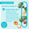 Elevating Fertility. Botanical Support. Organic Maca Root: A blend of red, black, and yellow Maca Root, this superfood root vegetable is rich in antioxidants, and has been taken for centuries to support reproductive health and hormonal balance. Take it early in the day for energy and wellness! Black Pepper Extract supports absorption of Maca Root for ultimate benefits.