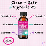 Bottle of Pink Stork Baby Multi + DHA Drops with lines pointing to ingredients in the product. Clean + safe ingredients.