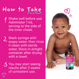 Baby with bottle of Pink Stork Multi + DHA Drops in front of him. How to take with list of instructions.