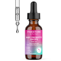 Bottle of Pink Stork Baby Probiotic Drops with dropper on a white background