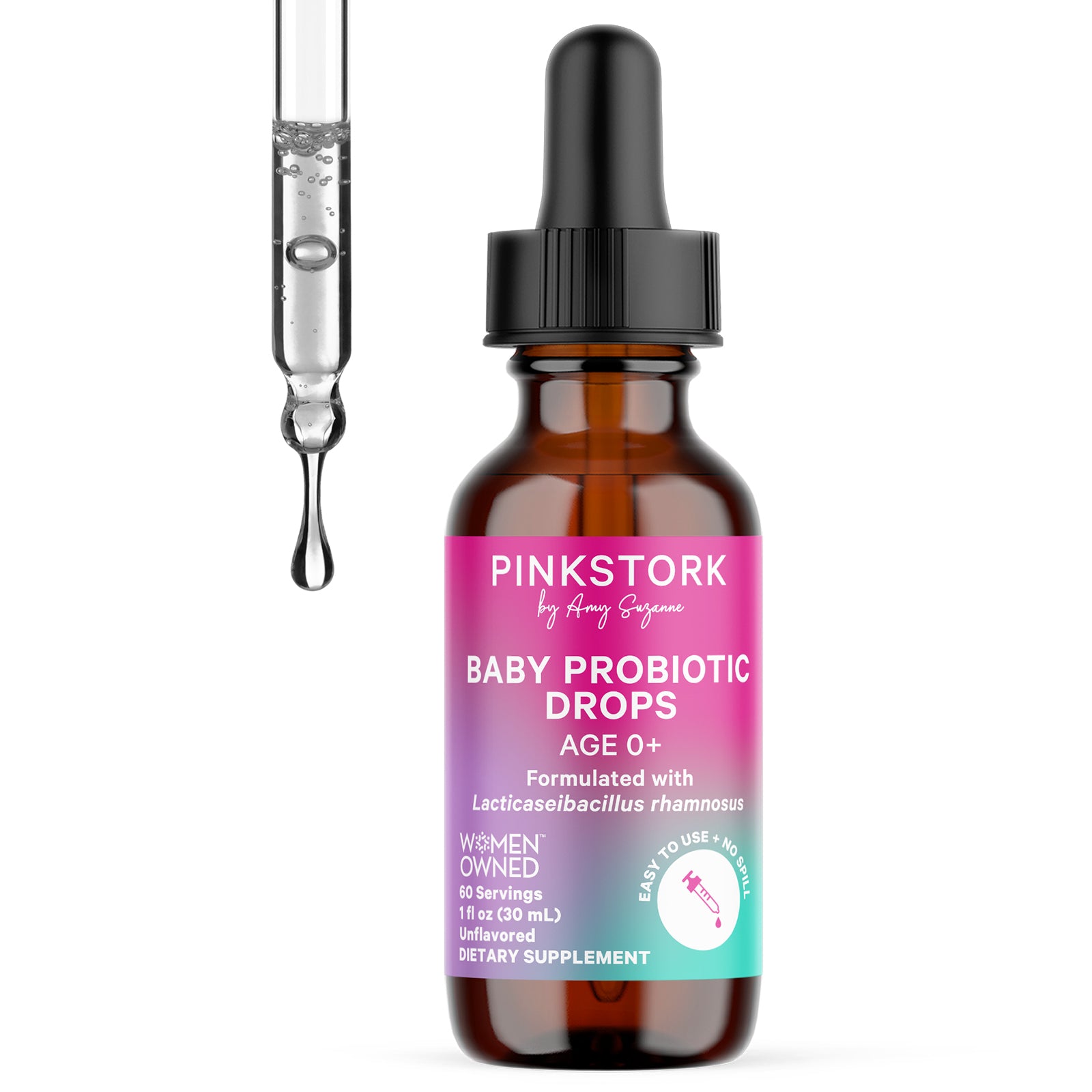 Bottle of Pink Stork Baby Probiotic Drops with dropper on a white background