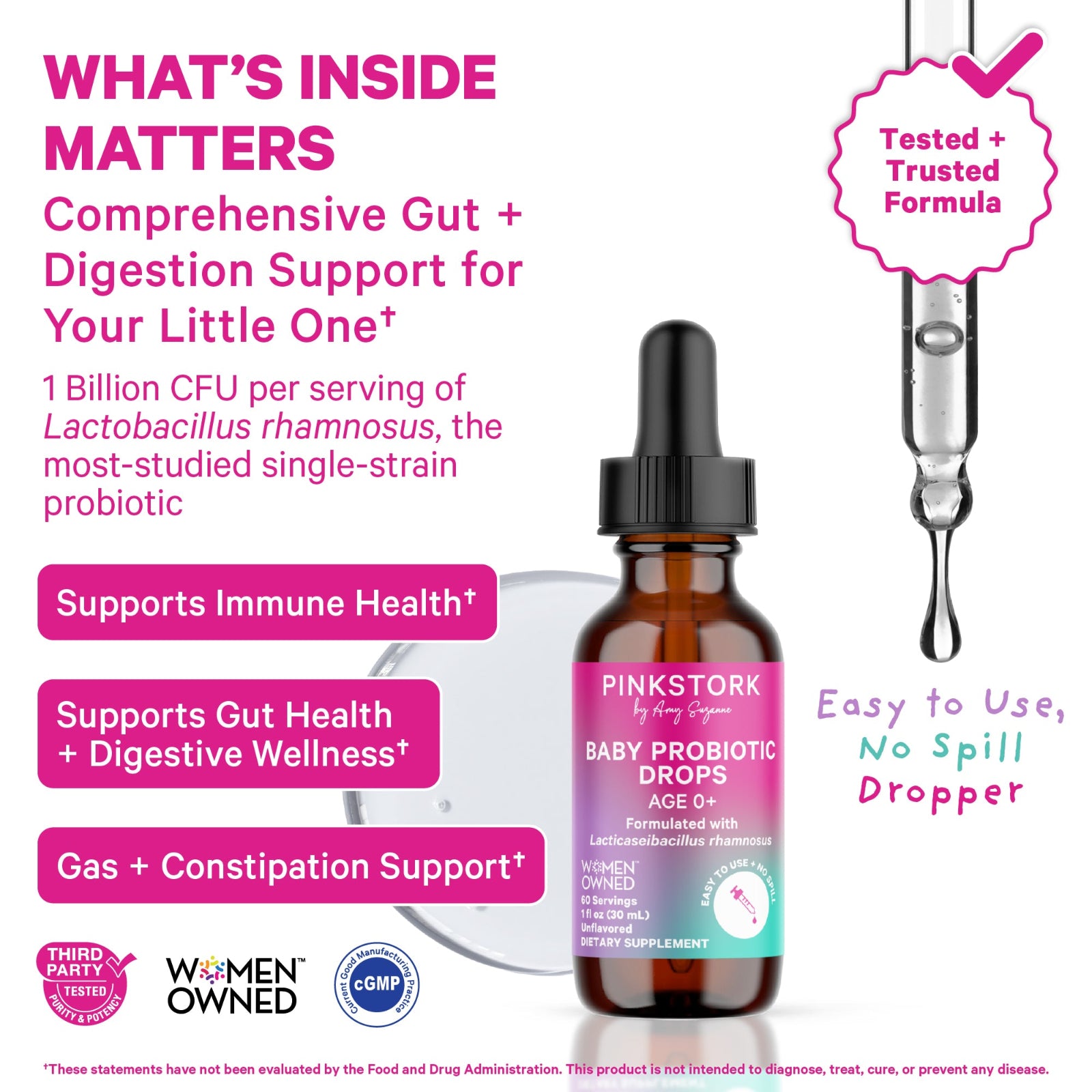 Pink Stork Baby Probiotic Drops with dropper on a white background