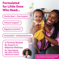 Woman holding a baby with product features listed on a white background