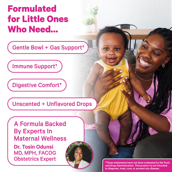 Woman holding a baby with product features listed on a white background