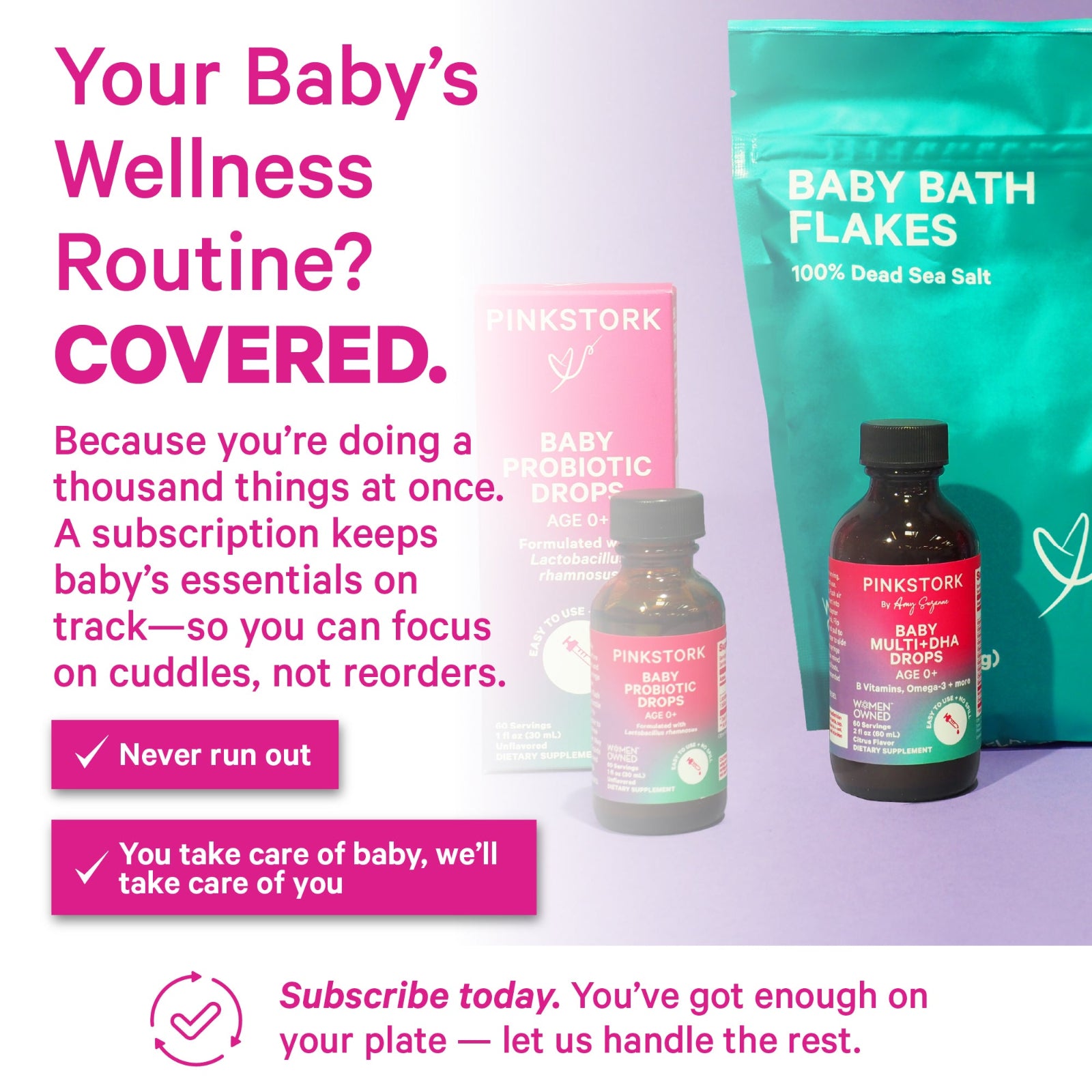 Promotional image for Pink Stork baby products with text about a wellness routine subscription.