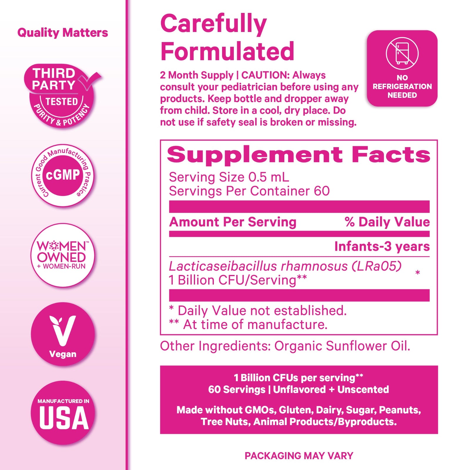 Supplement label with pink and white design, detailing ingredients and manufacturing information.