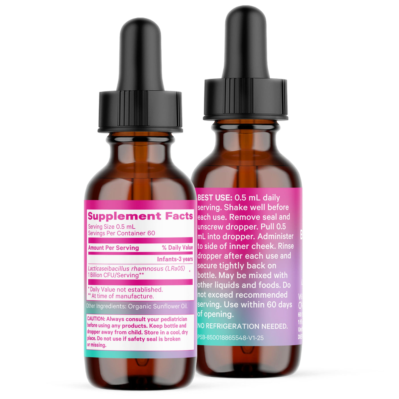 Two brown glass bottles with black droppers on a white background
