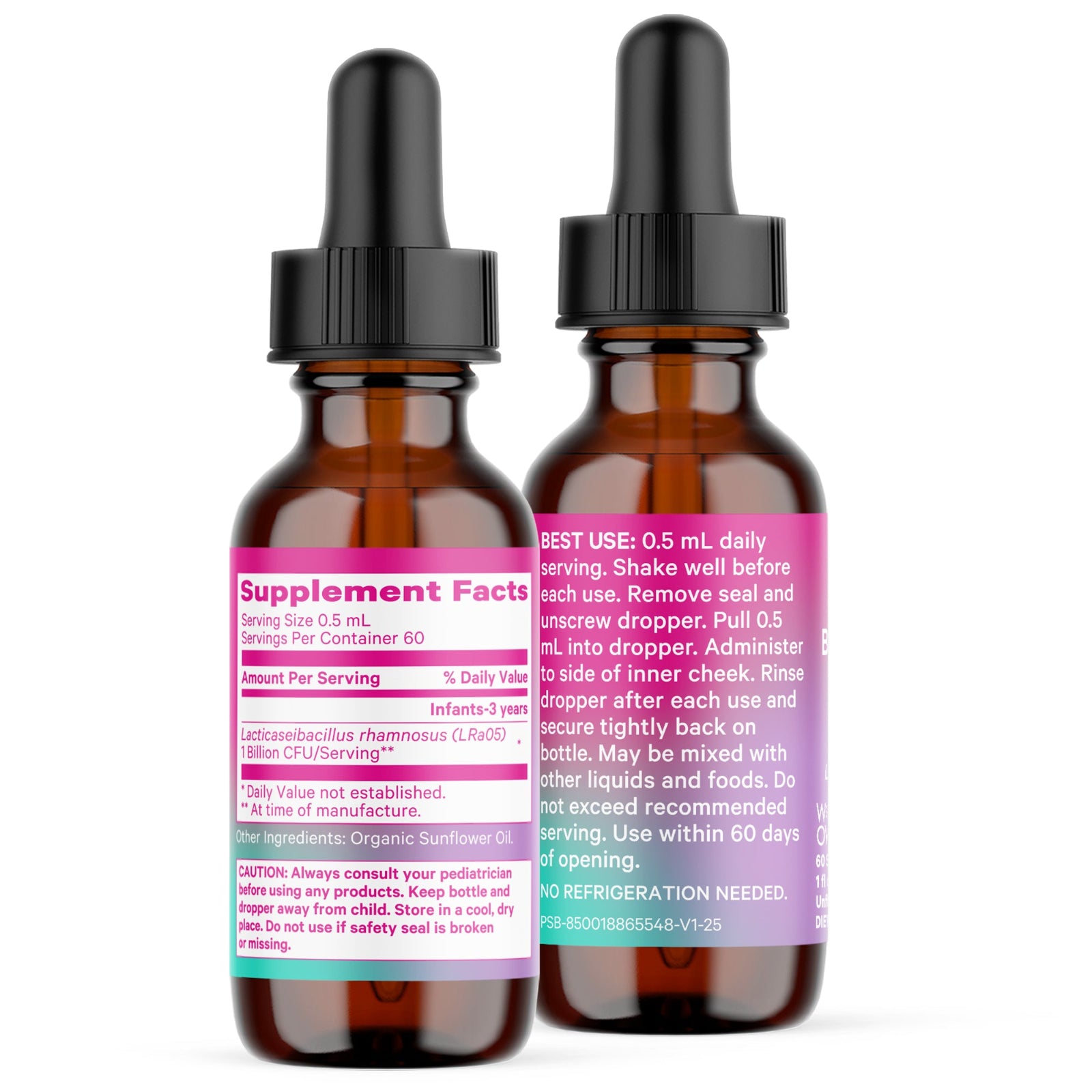 Two brown glass bottles with black droppers on a white background