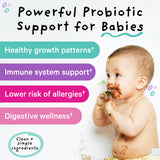 A baby that made a mess with their food and is covered in it. Powerful Probiotic support for babies. 