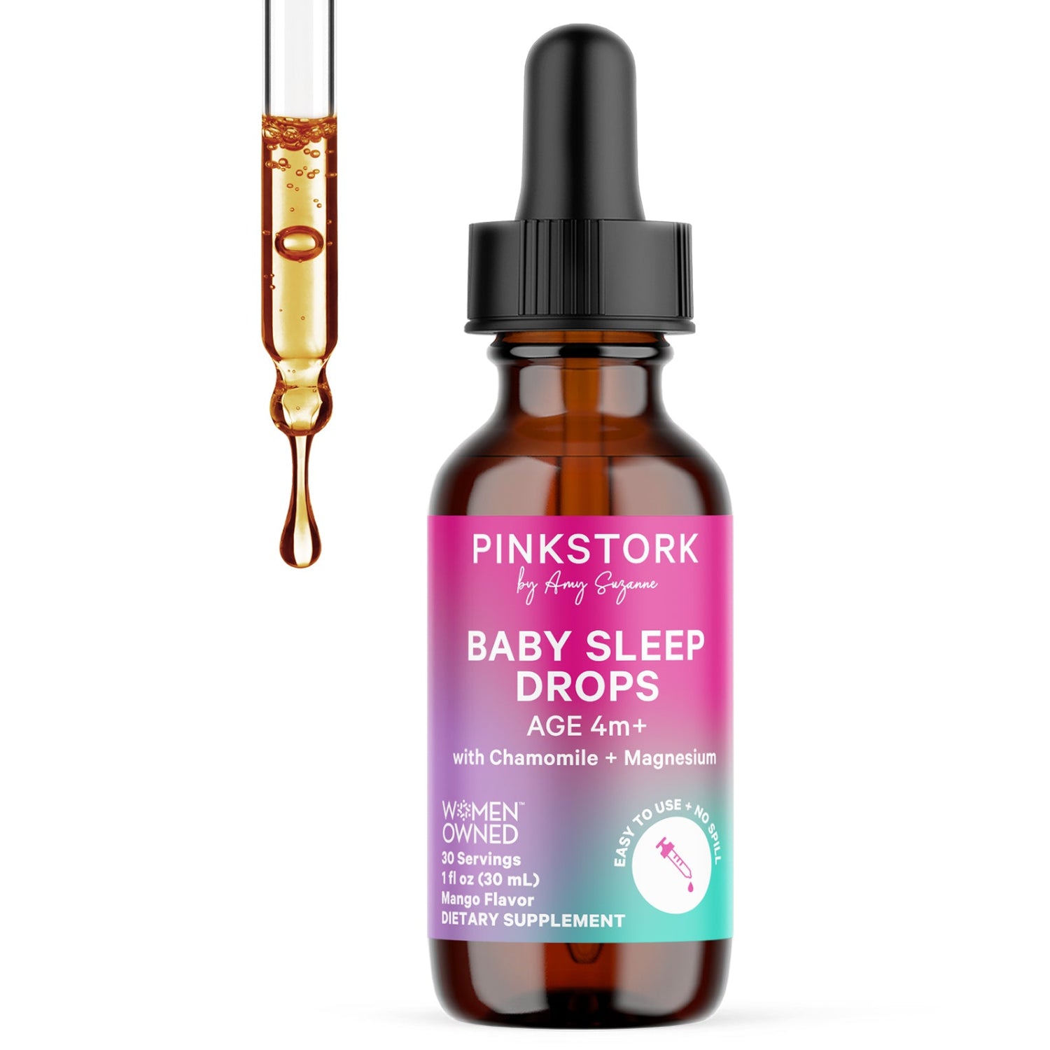 Bottle of Pink Stork Baby Sleep Drops with dropper on a white background
