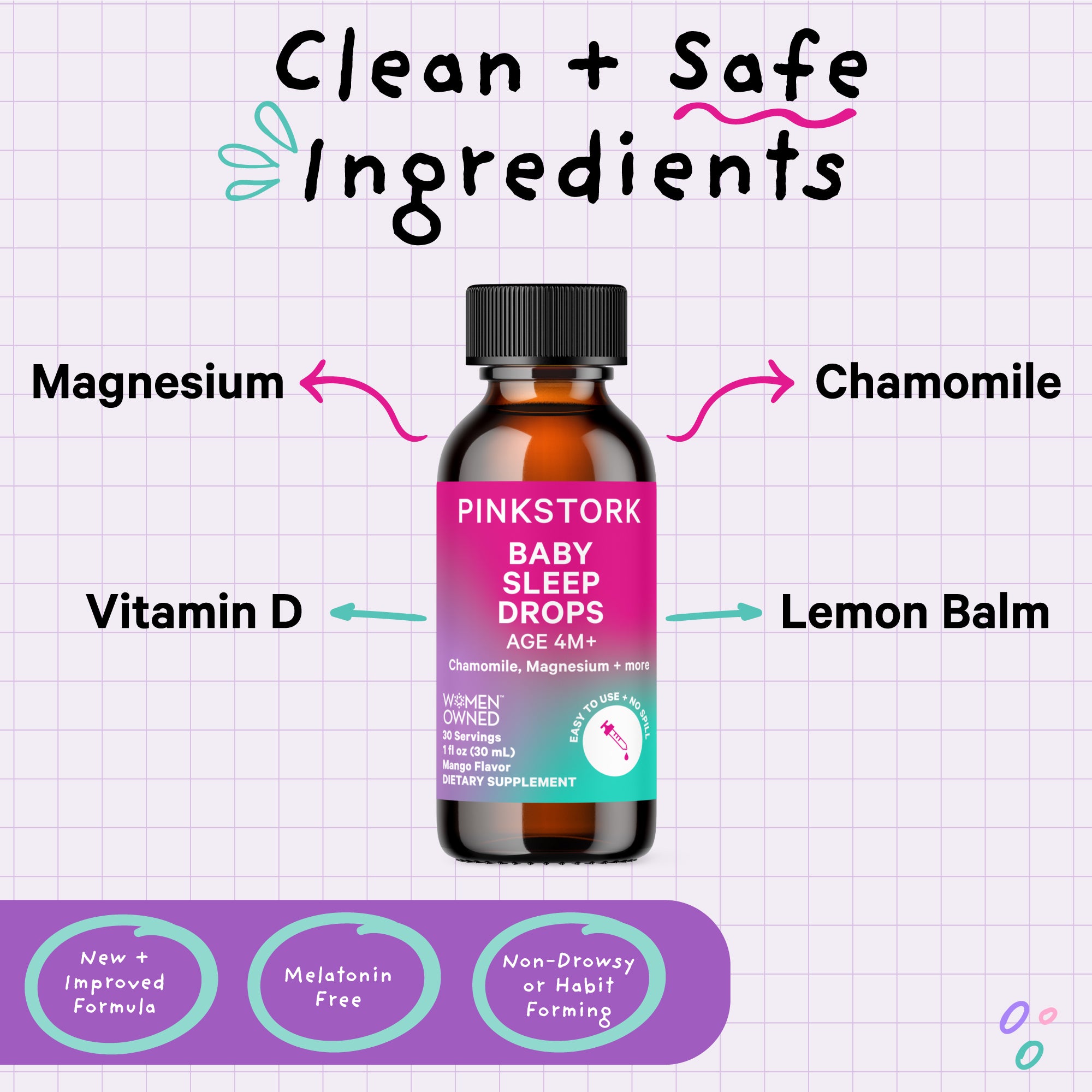 A bottle of Pink Stork Baby Sleep Drops showing a few of the ingredients within. 