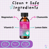 A bottle of Pink Stork Baby Sleep Drops showing a few of the ingredients within. 