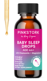 Pink Stork Baby Sleep Drops bottle with dropped handing down next to it.