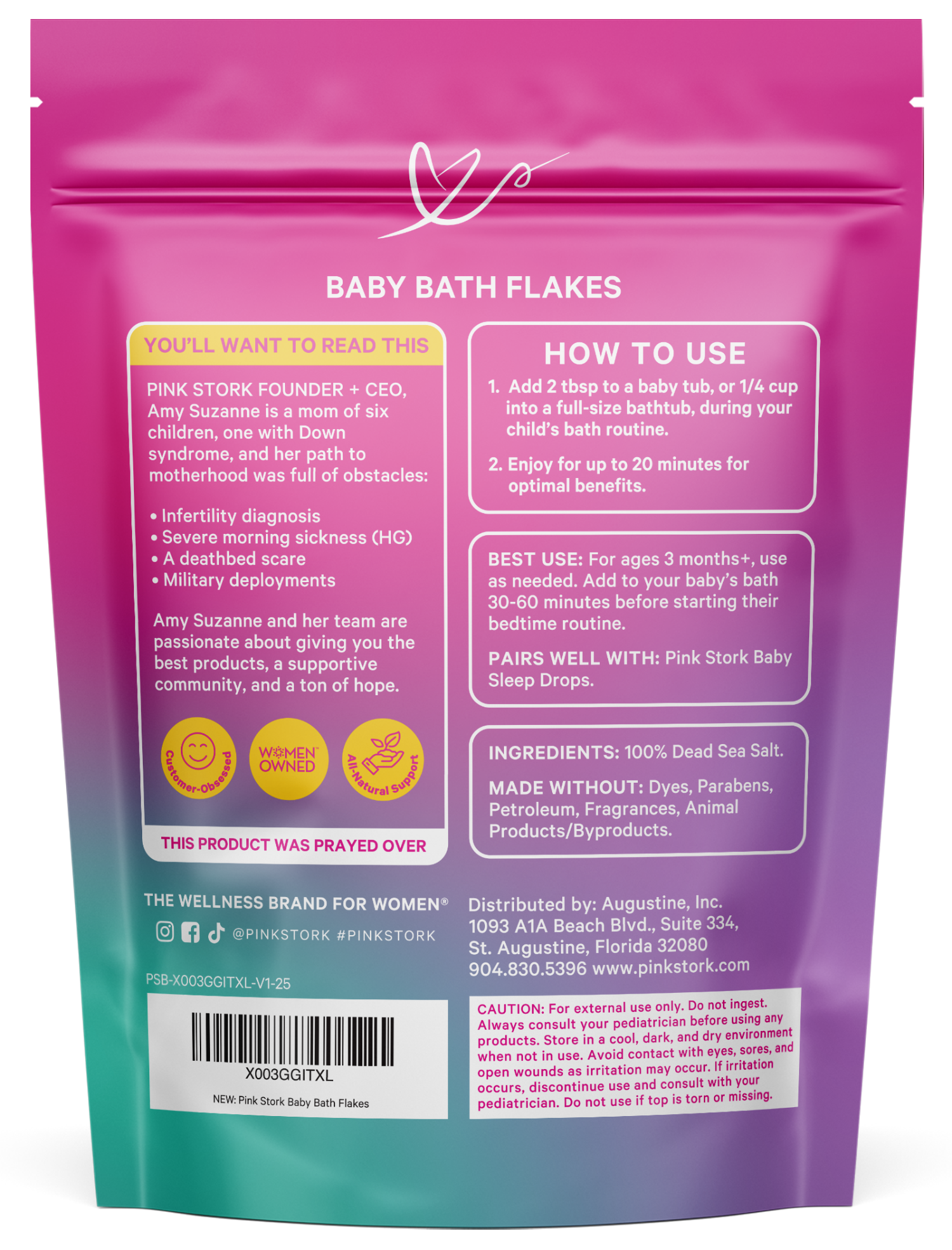 Pink Stork Baby Bath Flakes, back of pouch