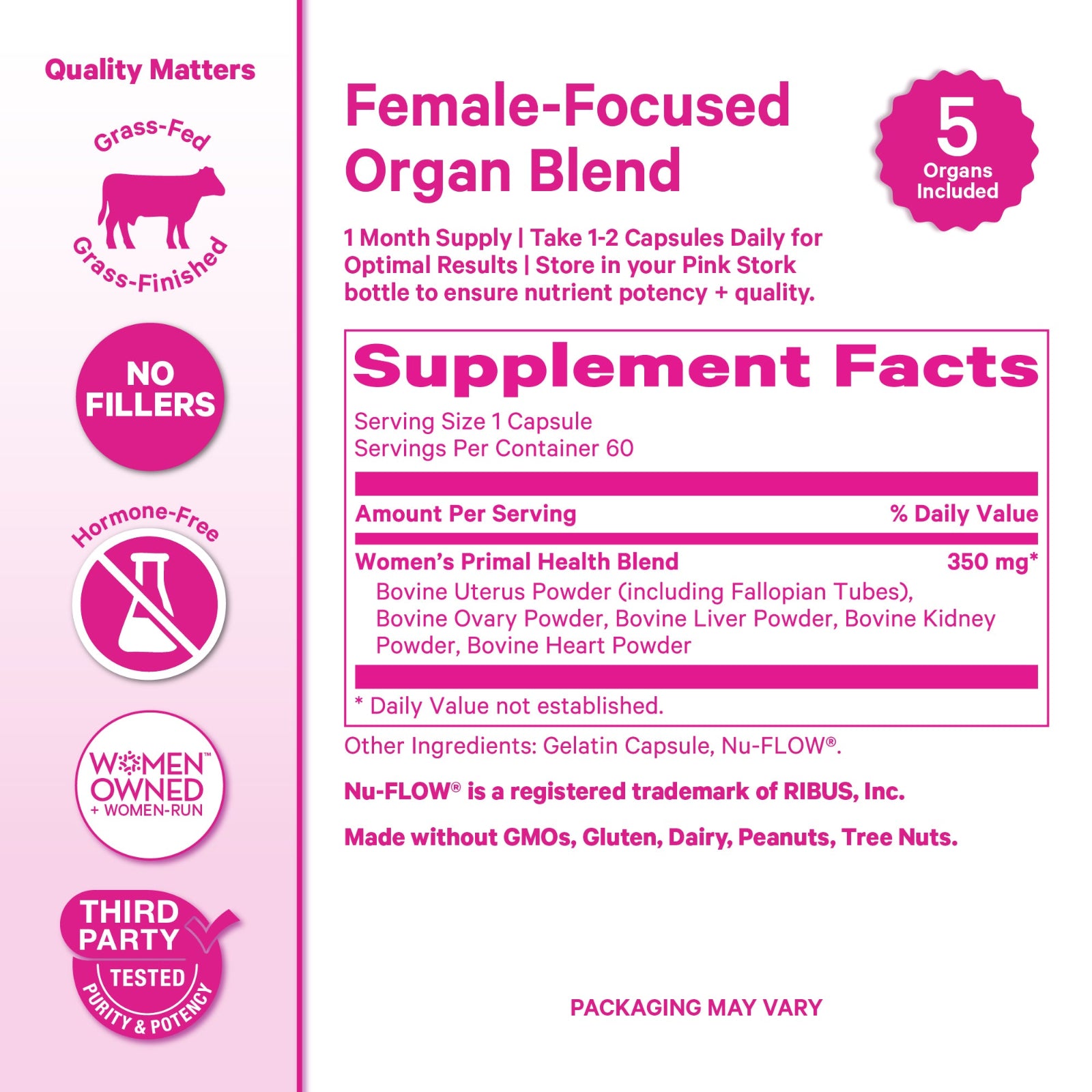 Supplement label for a female-focused organ blend with pink and white design.