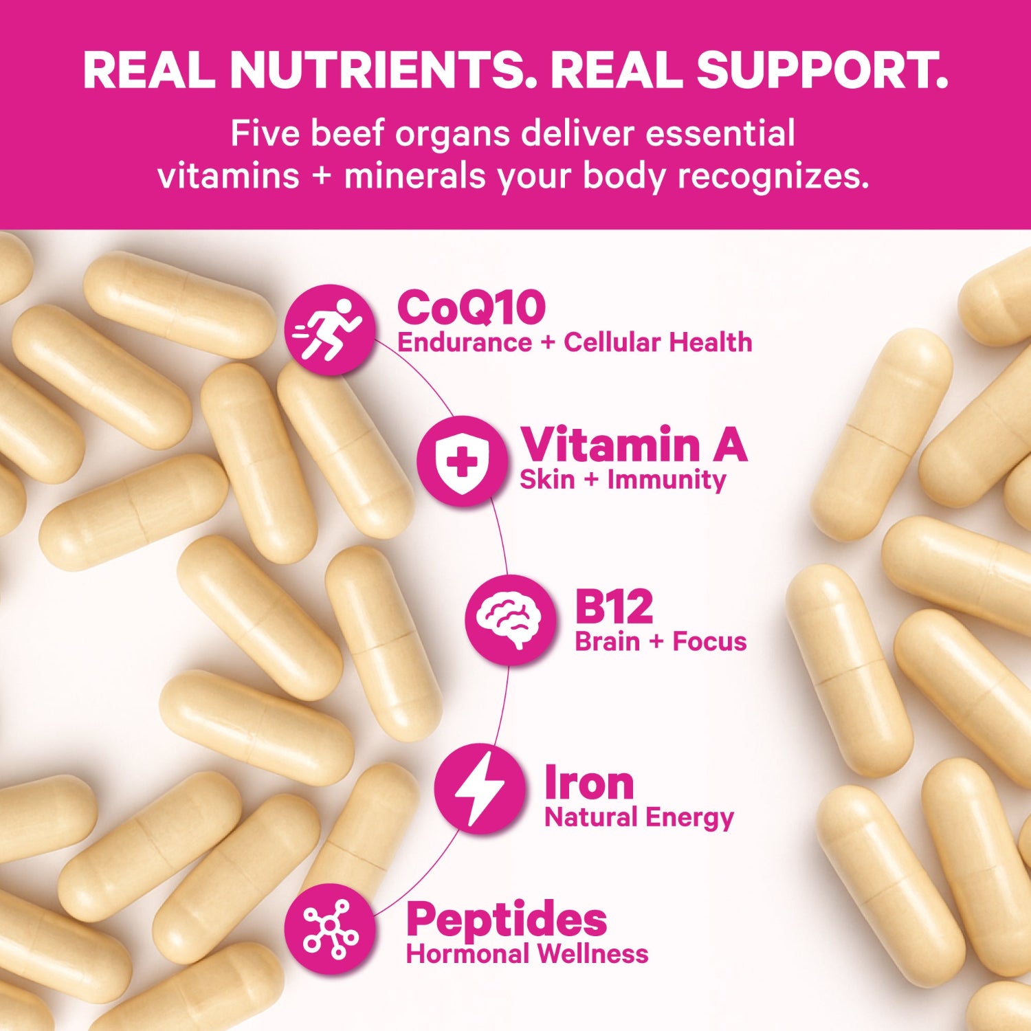 Supplement capsules with health benefits highlighted on a pink background