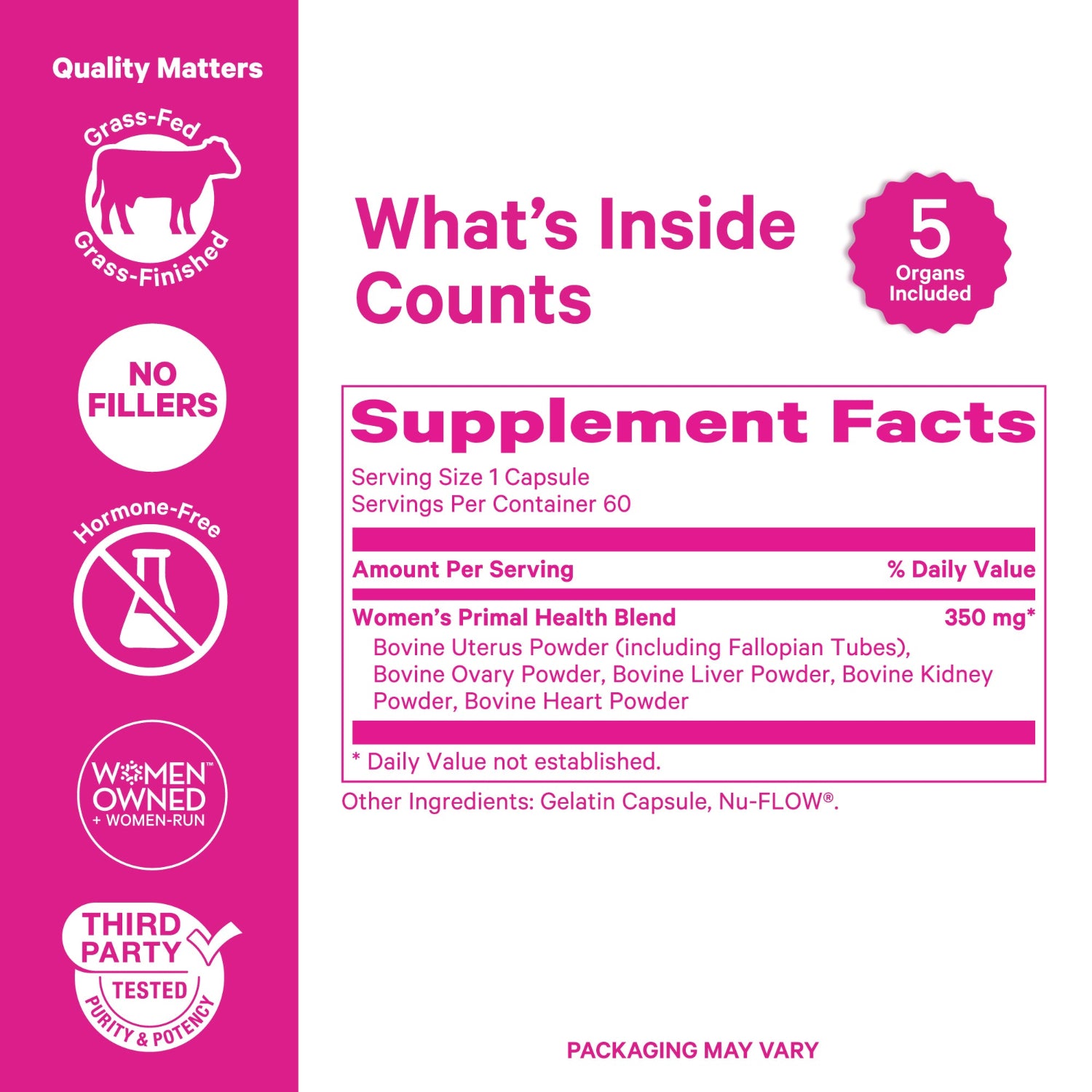 Supplement label with pink background and white text detailing supplement facts and product information.