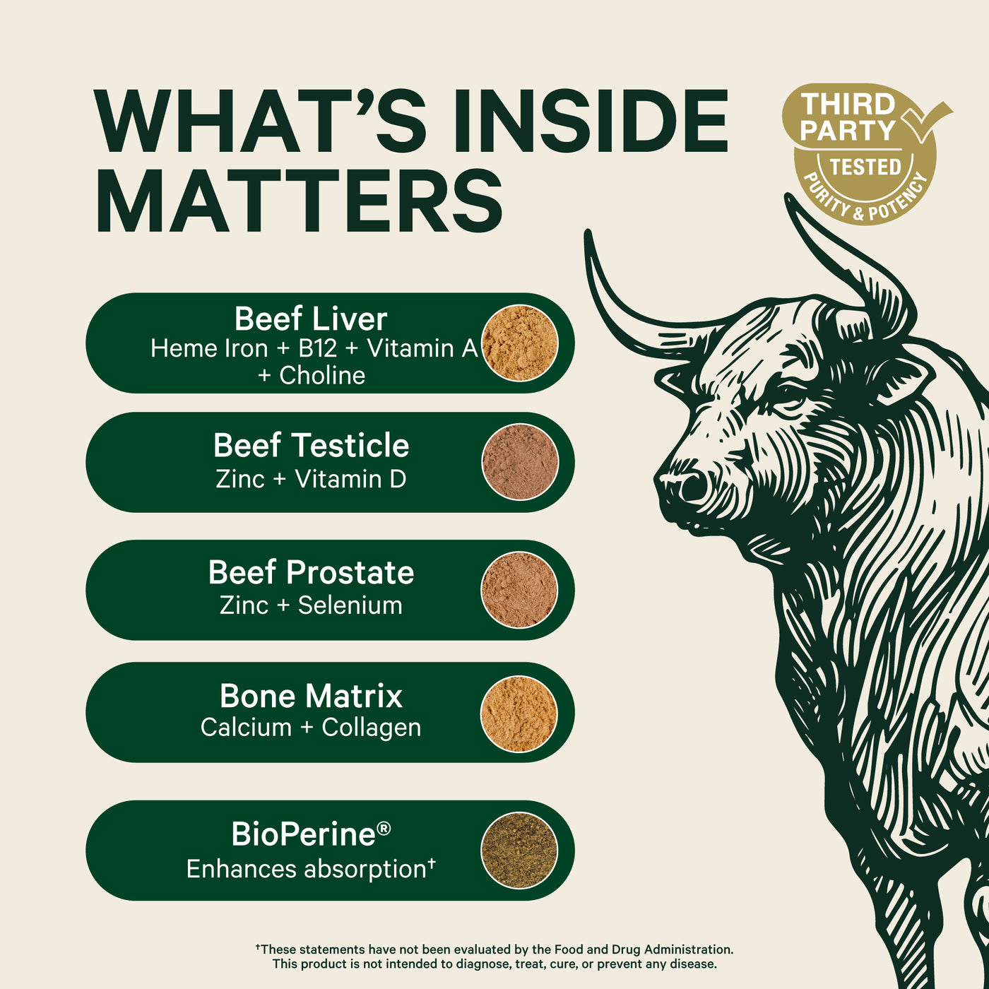 Product label with ingredients listed and a bull illustration on a beige background