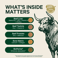 Product label with ingredients listed and a bull illustration on a beige background