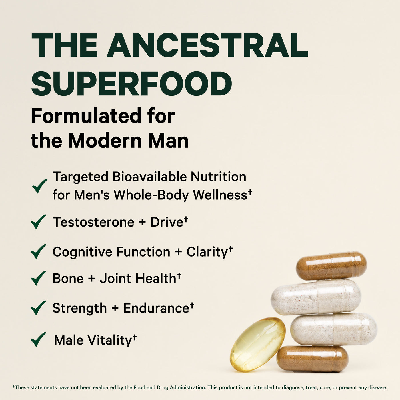 Supplement product with text highlighting benefits for men's health on a beige background