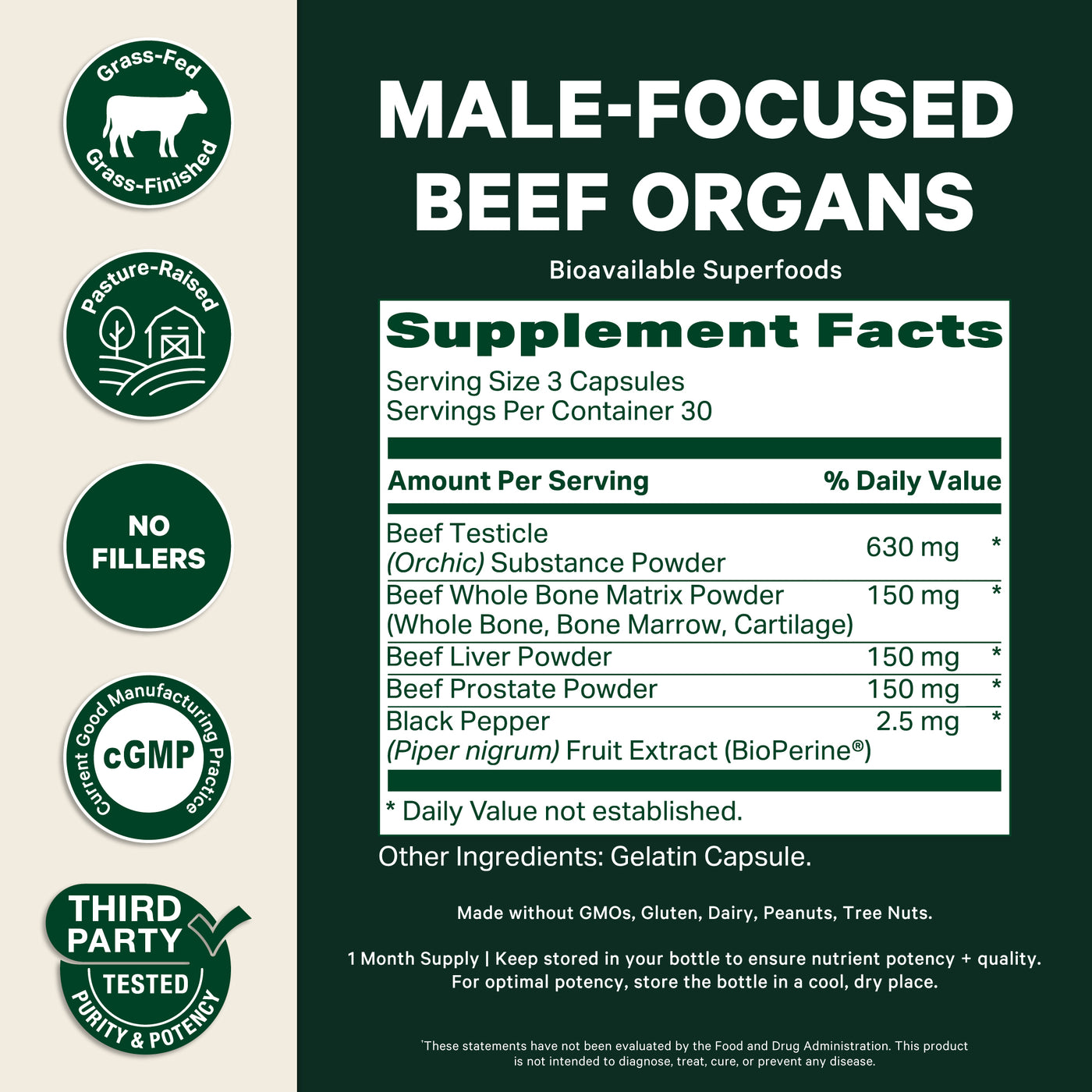Supplement label for male-focused beef organs with supplement facts and certification logos on a green background.