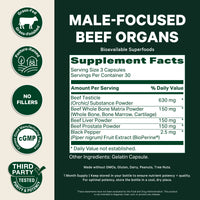 Supplement label for male-focused beef organs with supplement facts and certification logos on a green background.