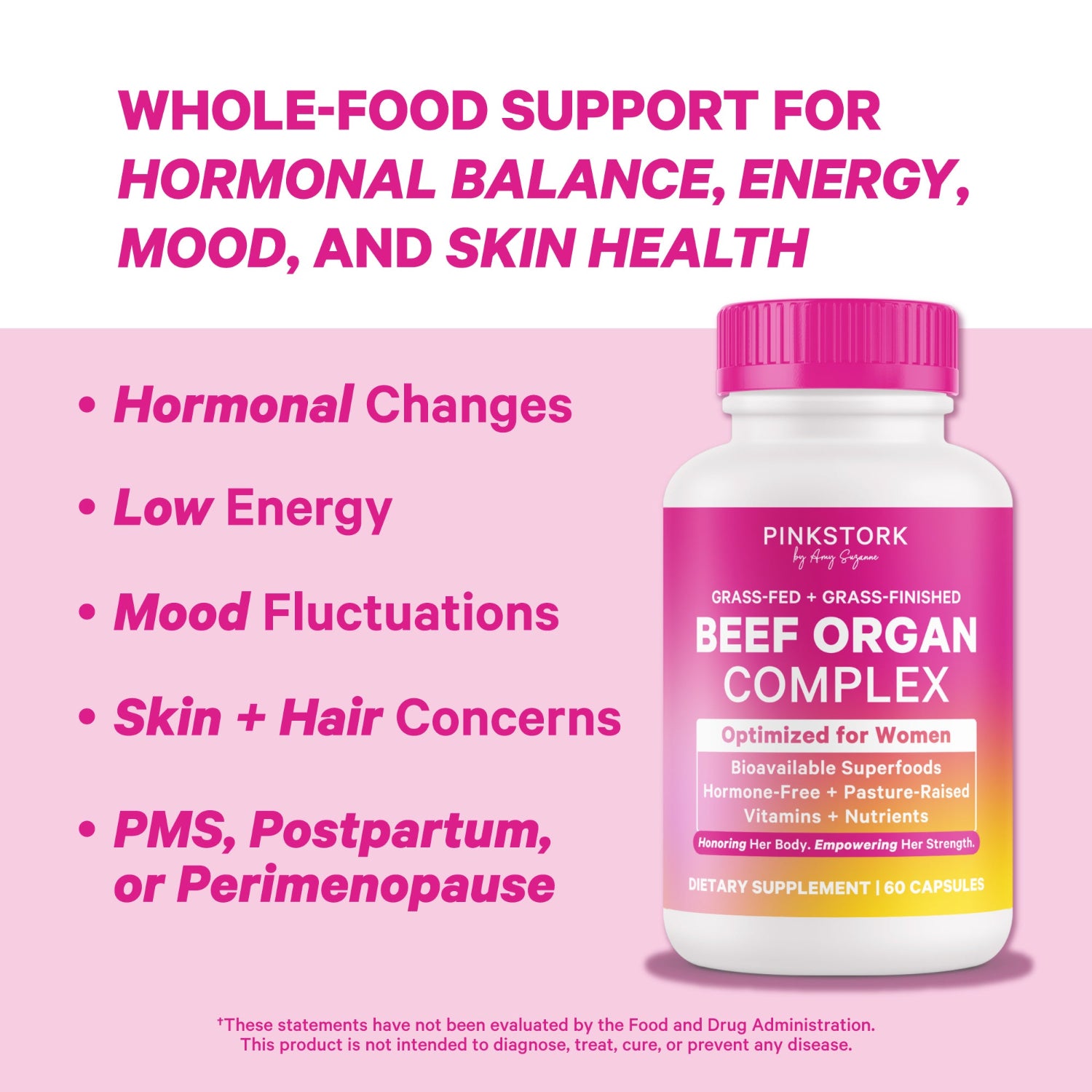 Pink bottle of Beef Organ Complex supplement with pink background and text about health benefits.