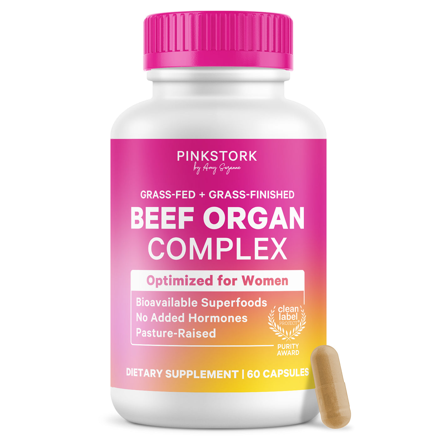 Supplement bottle labeled Pink Stork Beef Organ Complex' on a white background