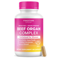 Supplement bottle labeled Pink Stork Beef Organ Complex' on a white background