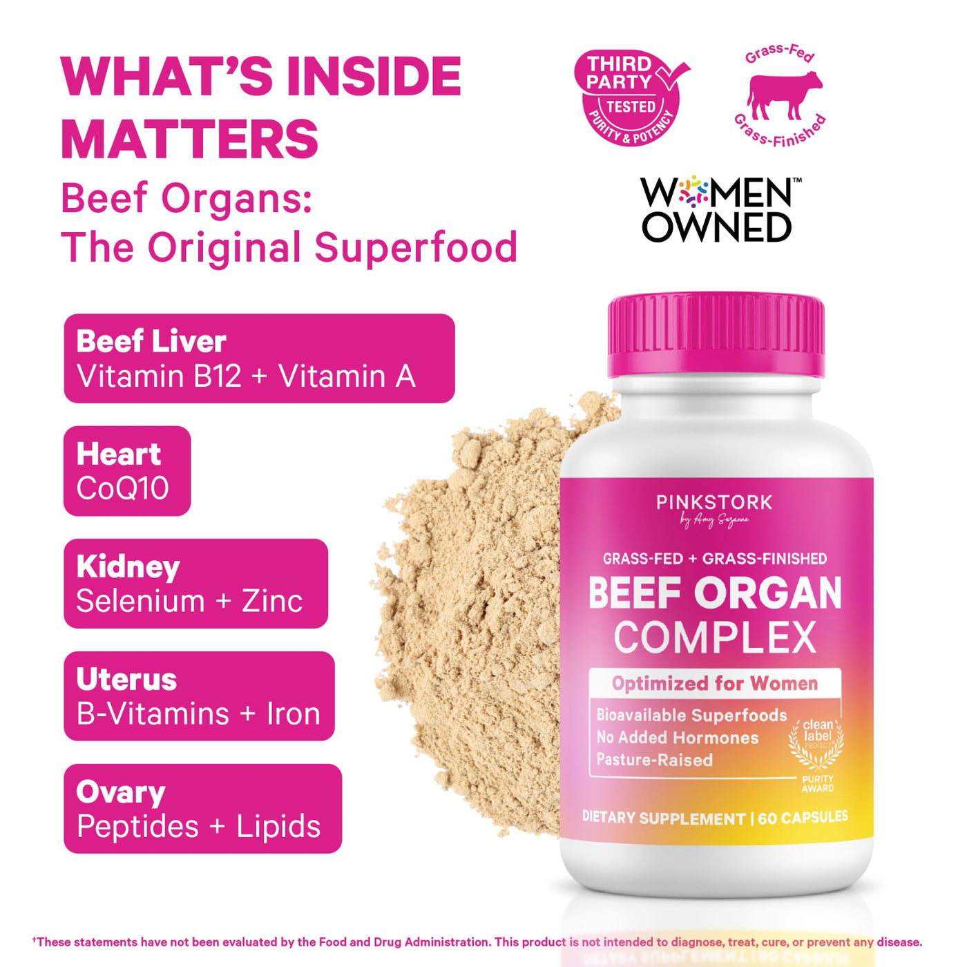 Pink Stork Beef Organ Complex dietary supplement bottle shown with a pile of beige powder on a white background, surrounded by marketing text and icons highlighting beef organs and women's health benefits.