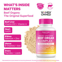 Pink Stork Beef Organ Complex dietary supplement bottle shown with a pile of beige powder on a white background, surrounded by marketing text and icons highlighting beef organs and women's health benefits.