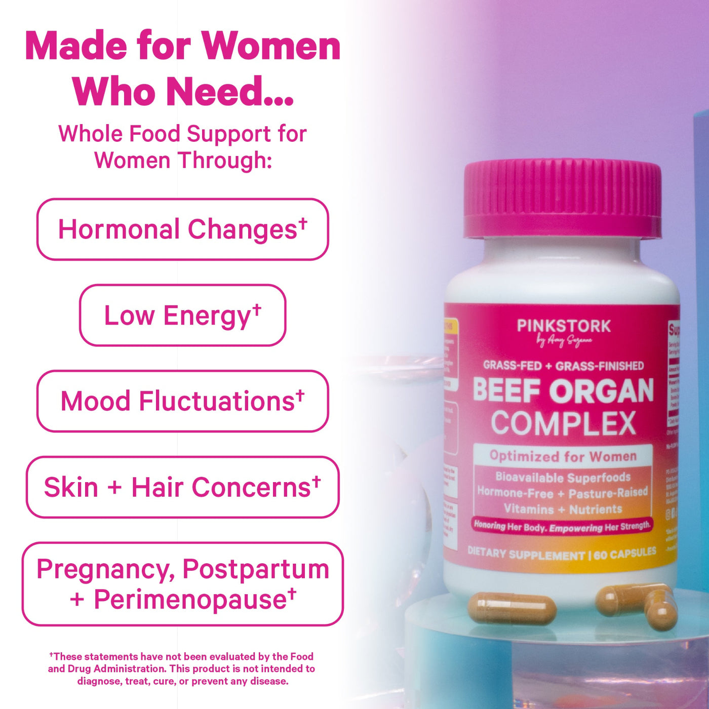 Pink Stork Beef Organ Complex dietary supplement bottle with a pink cap, shown on a light purple background with marketing text listing conditions it supports: hormonal changes, low energy, mood fluctuations, skin and hair concerns, pregnancy, postpartum, and perimenopause.