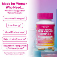 Pink Stork Beef Organ Complex dietary supplement bottle with a pink cap, shown on a light purple background with marketing text listing conditions it supports: hormonal changes, low energy, mood fluctuations, skin and hair concerns, pregnancy, postpartum, and perimenopause.