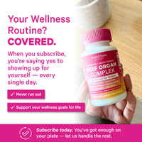 A hand holding a bottle of Pink Stork Nutrition Beef Organ Complex dietary supplement, set against a bright, clean background with promotional text about wellness subscription coverage.