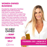 Promotional graphic for Pink Stork, featuring a smiling Amy Suzanne on the right side and descriptive text on the left. The graphic highlights that Pink Stork is a women-owned business founded by Integrative Nutrition Health Coach Amy Suzanne, with logos for Women Owned, the Bump, Cosmopolitan, and Self.